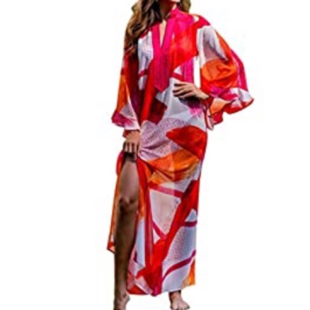 Long Sleeve Sheer See Through V Cut Coverup Dress